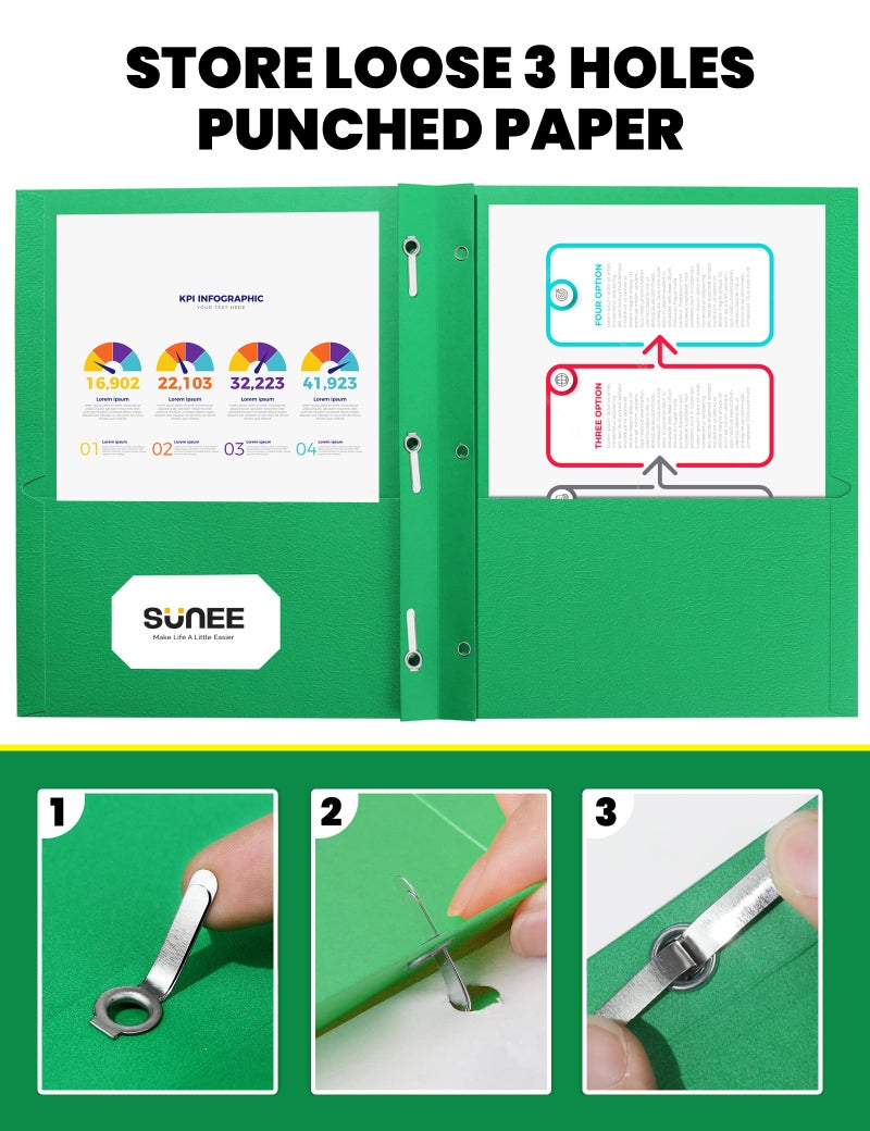 ساني مجلدات SUNEE ذات جيبين ومشابك (عبوة من 25 مجلدًا، أخضر)، مجلدات ورقية بجيبين و3 مشابك تناسب ورق بحجم الرسائل، مجلدات بمشابك للمدرسة والمكتب والمنزل والأعمال - Image 3